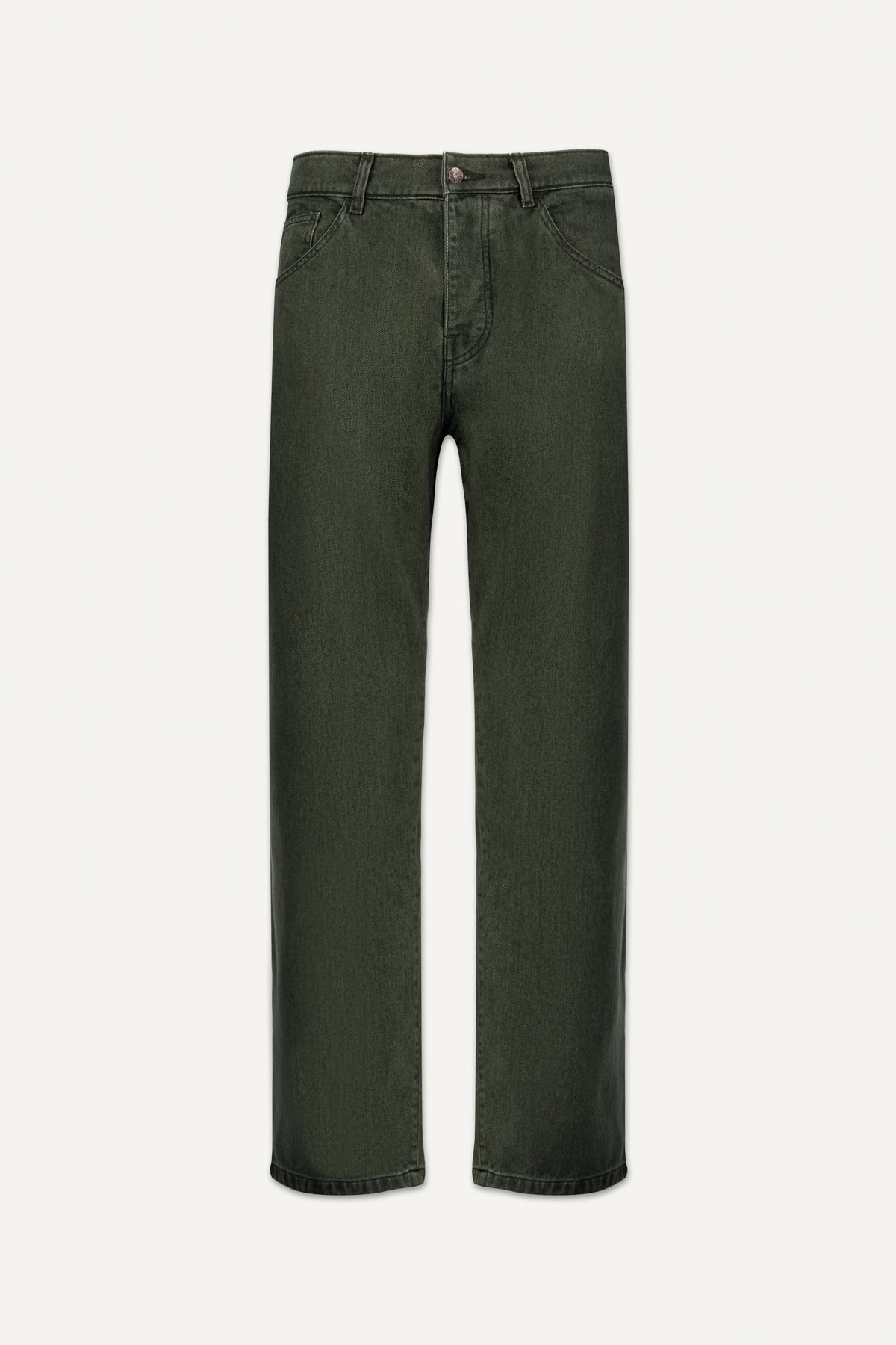 A pair of bottle green relaxed-fit denim jeans with a wide straight leg, laid flat against a light off-white background.
