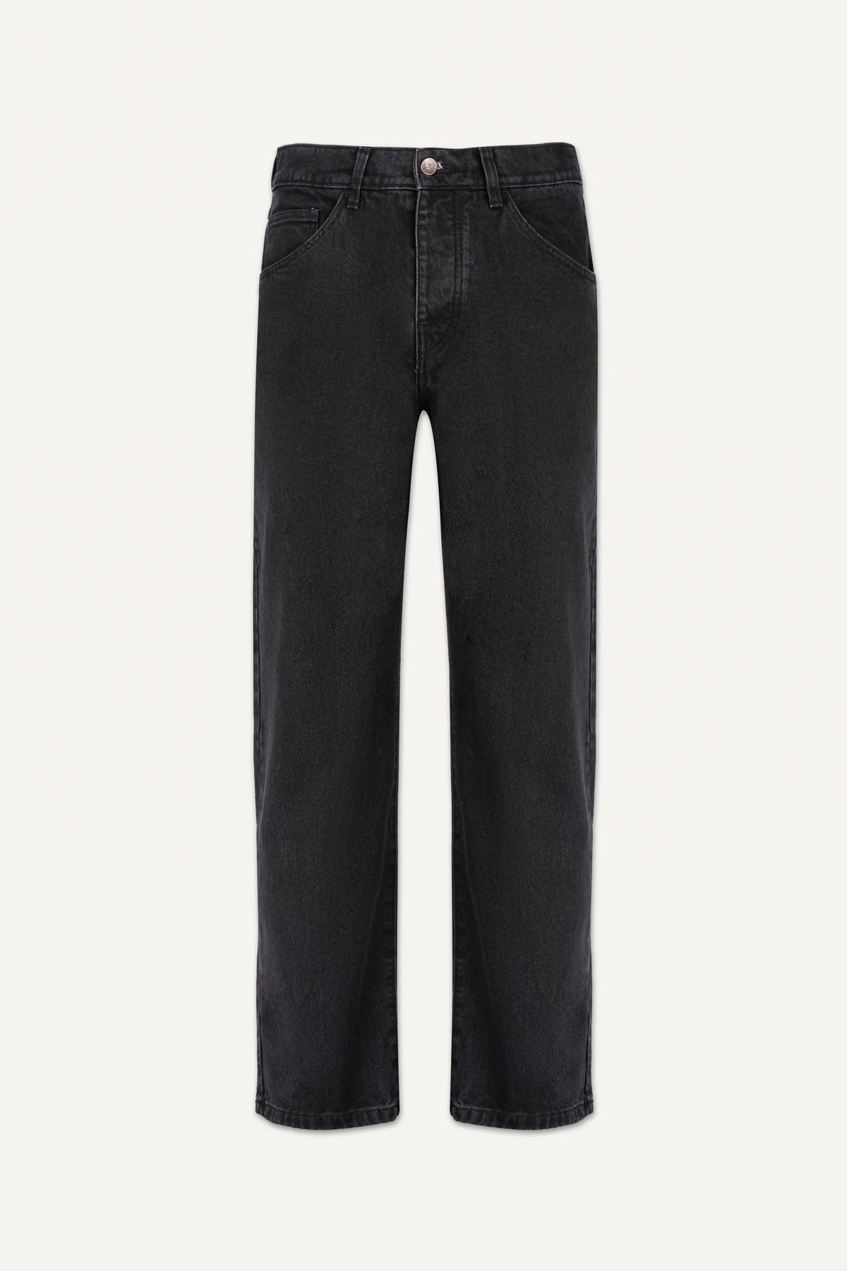A pair of coal black relaxed-fit denim jeans with a wide straight leg, laid flat against a light off-white background.