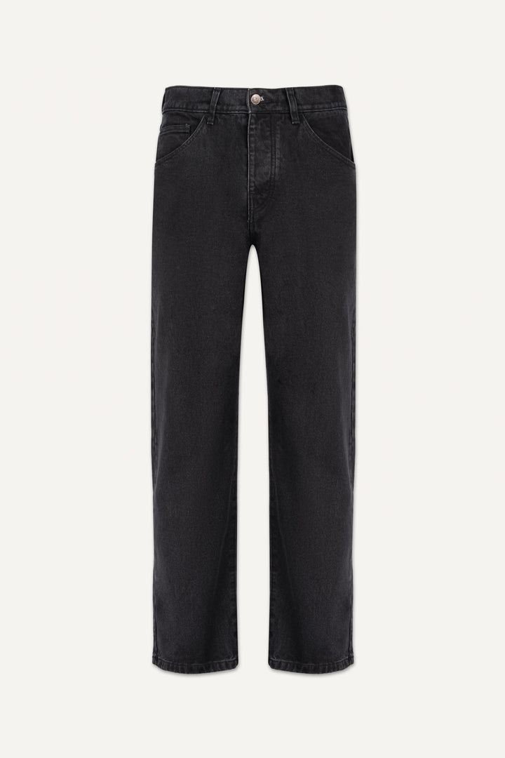 A pair of coal black relaxed-fit denim jeans with a wide straight leg, laid flat against a light off-white background.