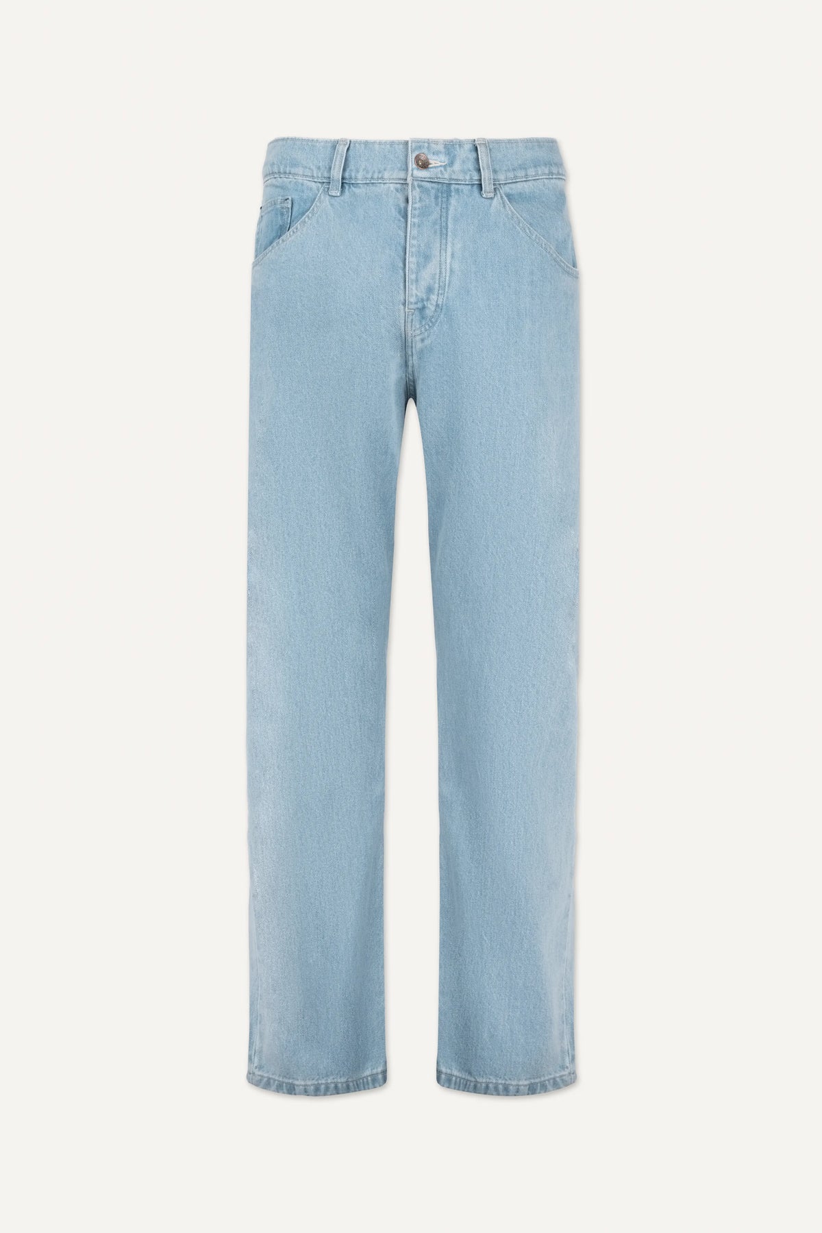 A pair of light blue relaxed-fit denim jeans with a wide straight leg, laid flat against a light off-white background.