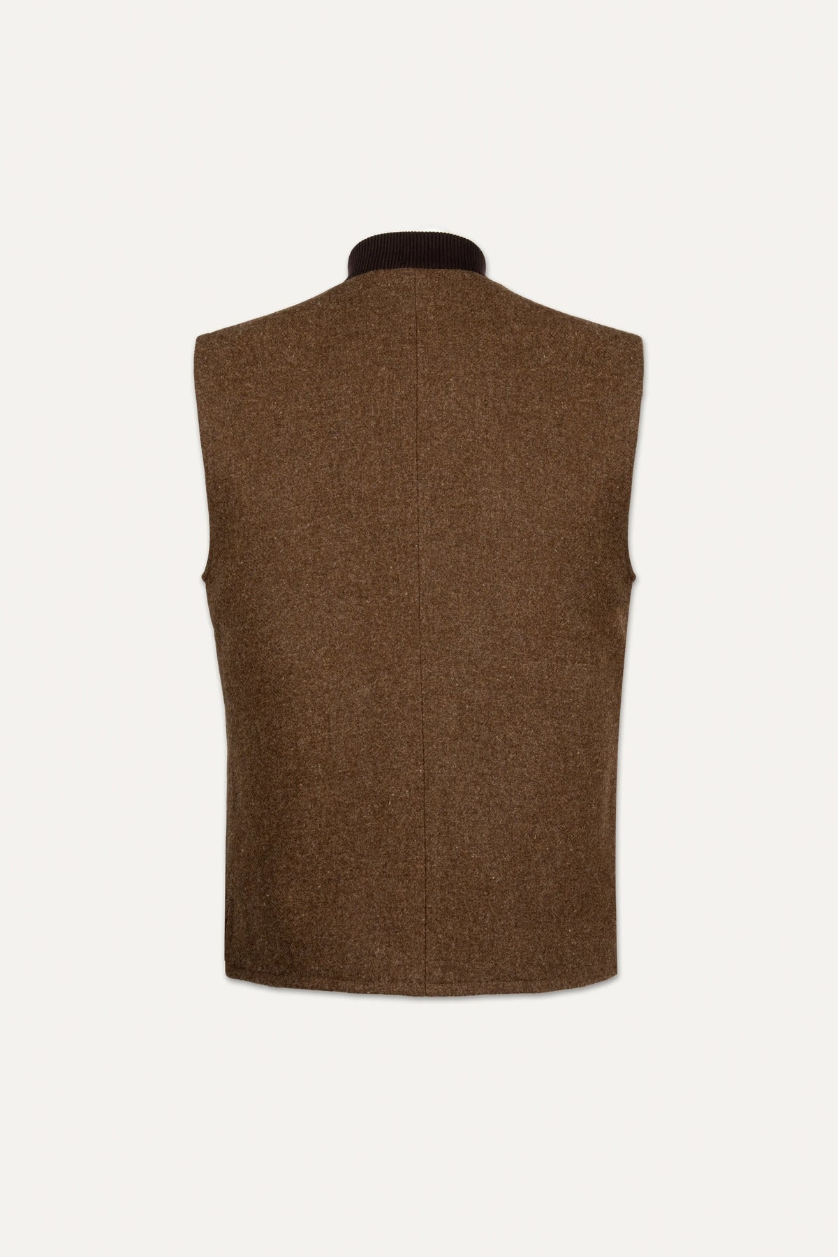 A brown textured tweed waistcoat displayed on a mannequin torso, viewed from the back against a light off-white background.