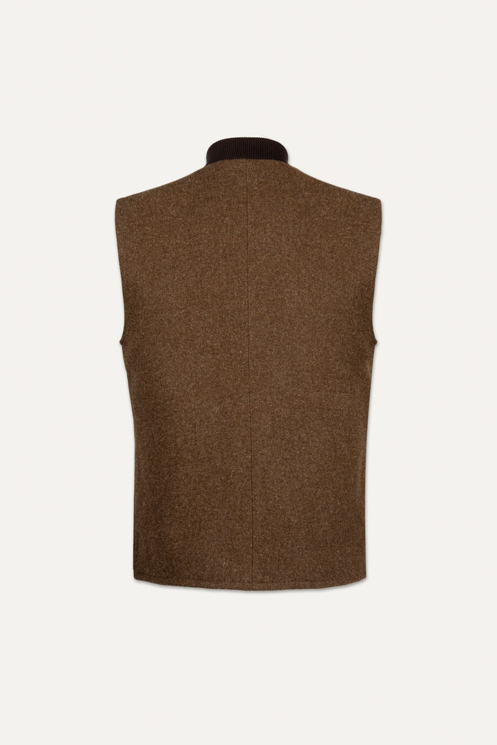 A brown textured tweed waistcoat displayed on a mannequin torso, viewed from the back against a light off-white background.