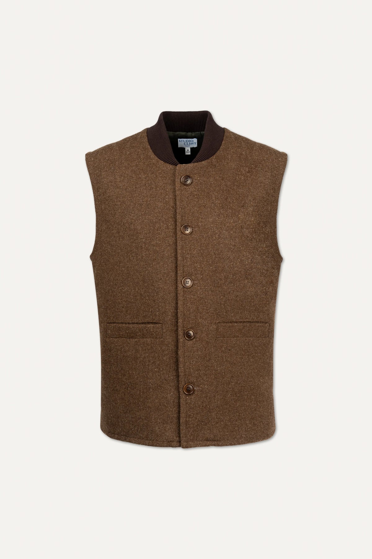 A brown wool-blend waistcoat vest with a dark brown button-up collar and matching brown buttons, displayed on a clean off-white background.