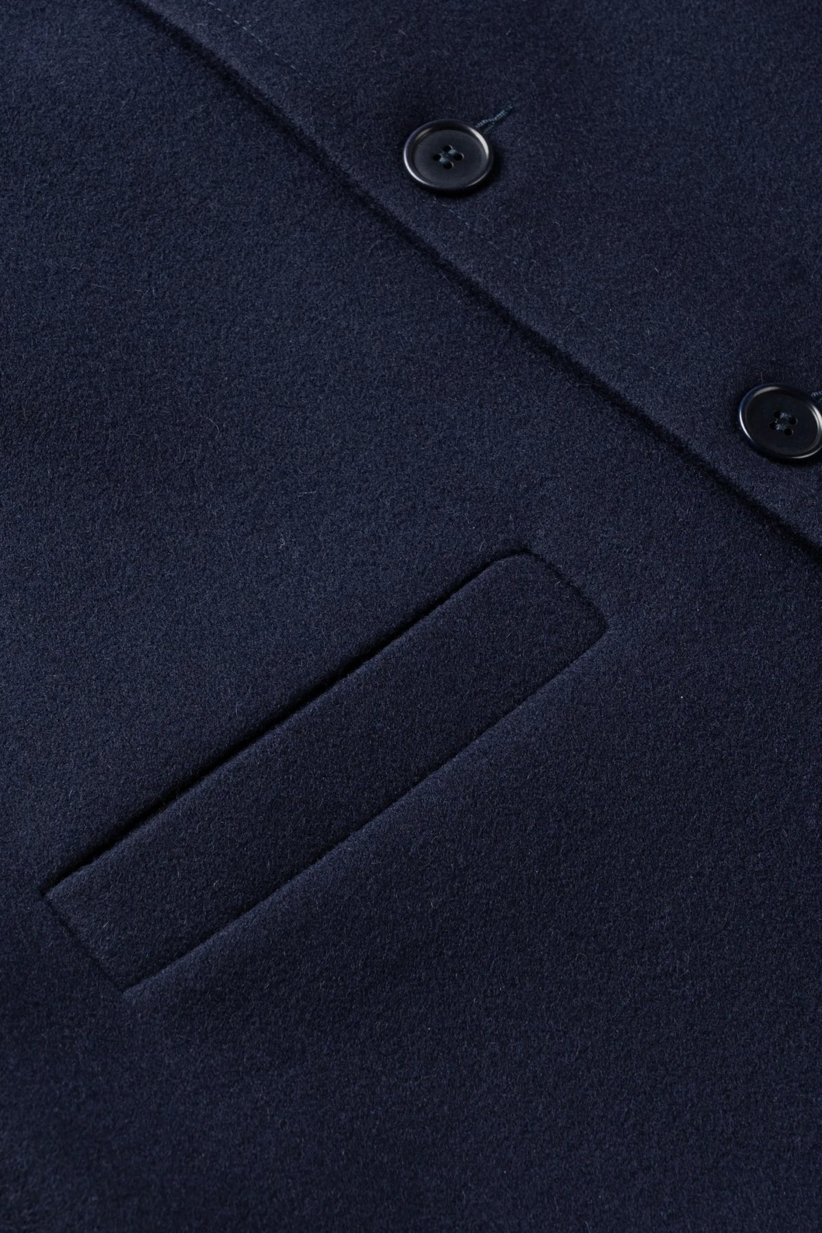 Close-up of a dark navy wool coat showing a diagonal button closure and a welt pocket.